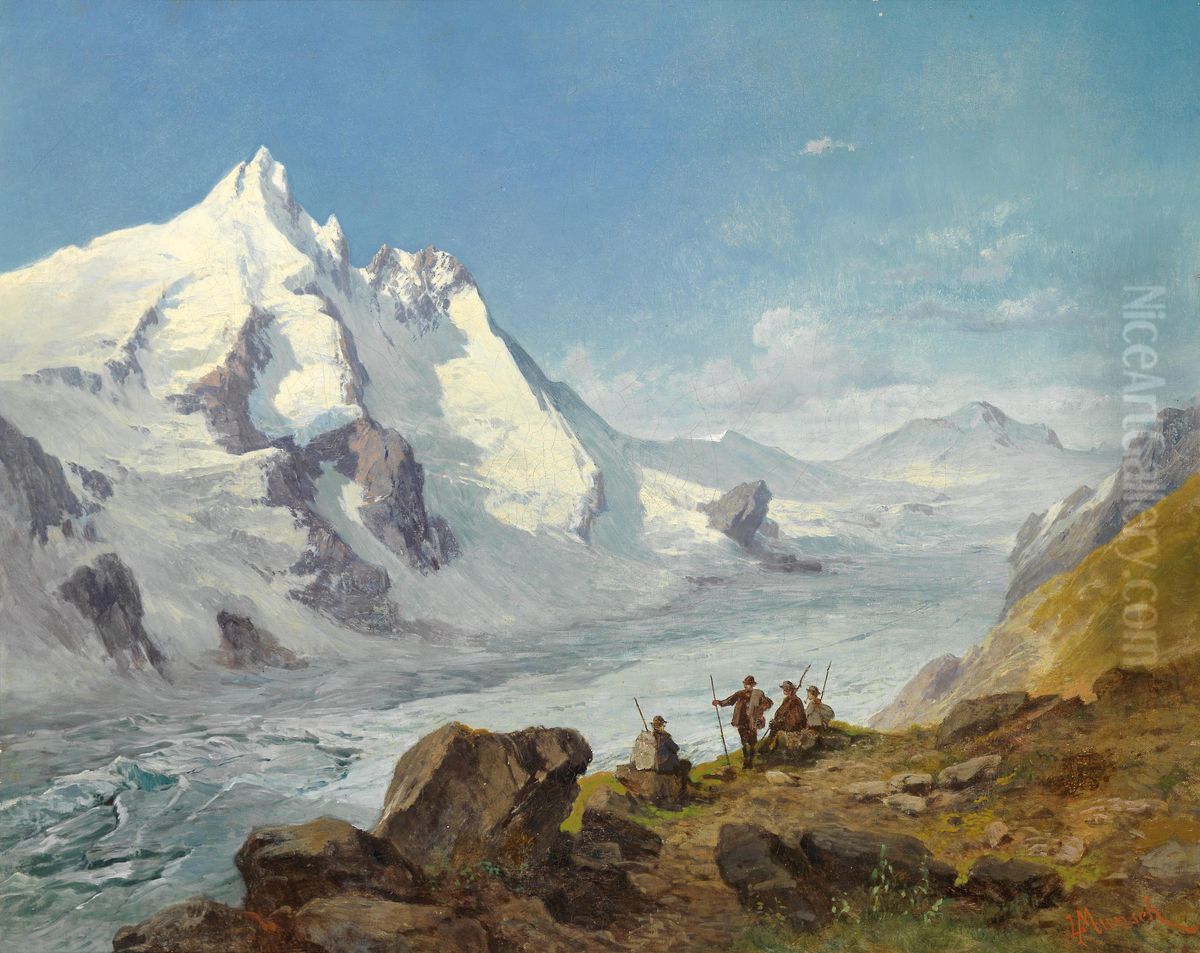 Group of Mountain Climbers Beside the Pasterze Glacier, at the foot of the Grossglockner, the Johannisberg in the background Oil Painting by Leopold Munsch