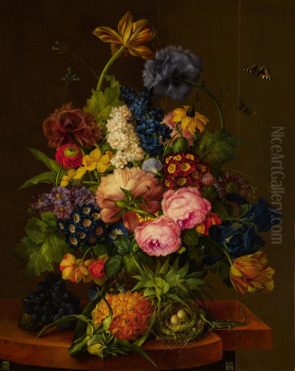 Flowers and Pineapple on an Entablature Oil Painting by Franz Xaver Petter