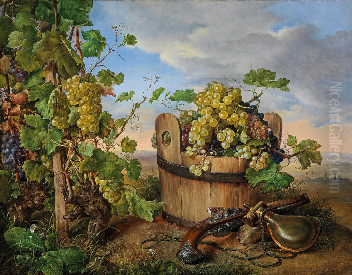 Grosses Stillleben mit Weintrauben, Steinschlosspistole und Pulverflasche, im Hintergrund eine Kirche Oil Painting by Franz Xaver Petter