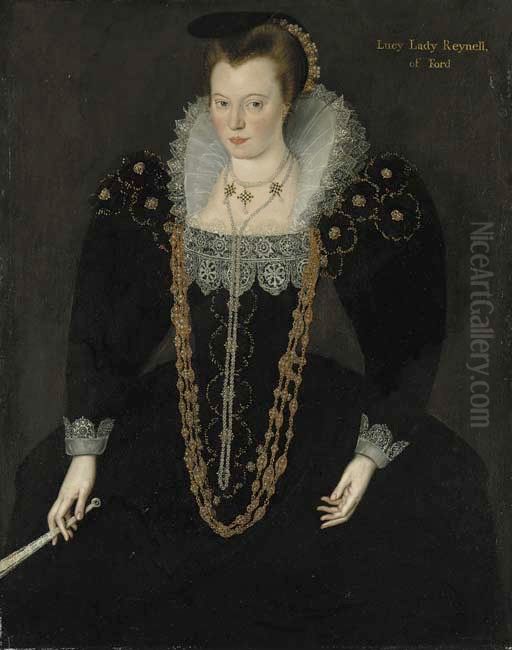 Portrait of Lucy, Lady Reynell of Ford, three-quarter-length, in a dark dress with a white lace collar and gold and pearl necklaces, holding a fan in her right hand with identifying inscription Oil Painting by Marcus Gheeraerts the Younger