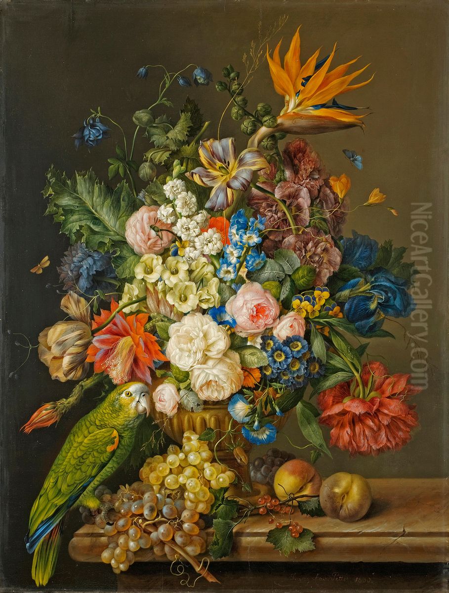 A still life of roses, tulips, a bird of paradise, and other flowers in an urn, beside a green parrot, grapes and peaches on a marble ledge Oil Painting by Franz Xaver Petter