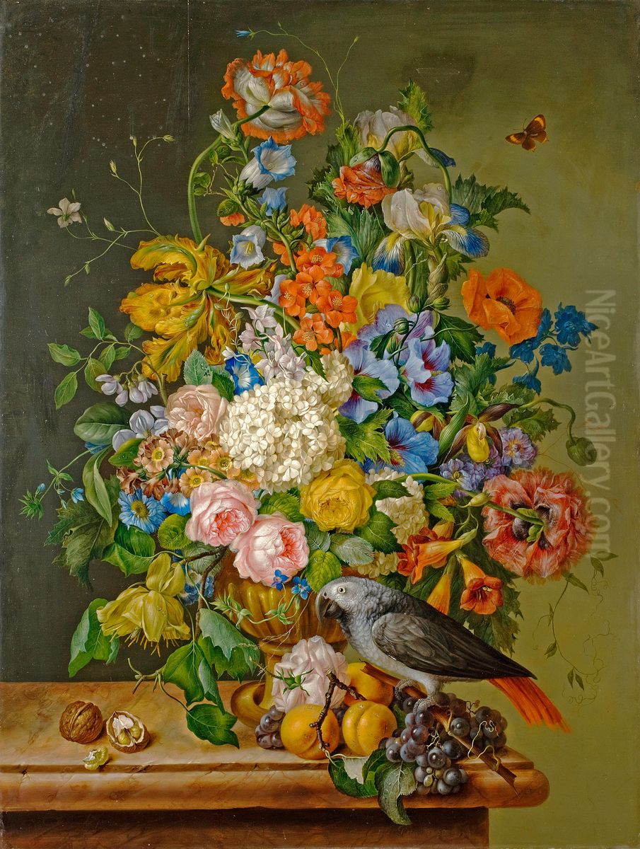Ein Stillleben aus Rosen, Hortensien, Mohn und anderen Blumen in einer Vase mit einem Graupapagei, Weintrauben, Pfirsichen und Walnussen auf einem Marmorsims Oil Painting by Franz Xaver Petter