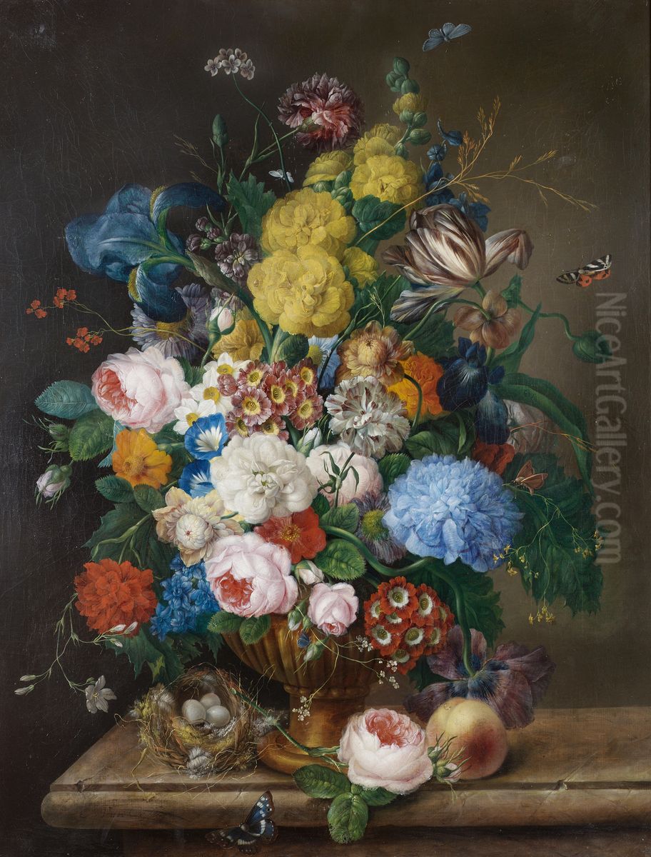 Rosen, Schwertlilien, Nelken, Tulpen und andere Blumen in einer Bronzevase auf einem Marmorsims mit einem Pfirsich und einem Vogelnest Oil Painting by Franz Xaver Petter