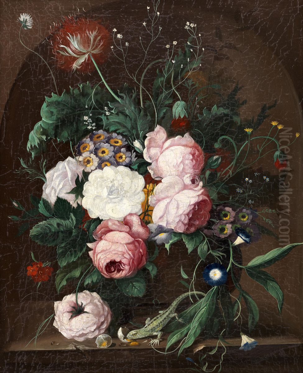 Blumenstillleben mit Eidechse auf einem Steinvorsprung Oil Painting by Franz Xaver Petter