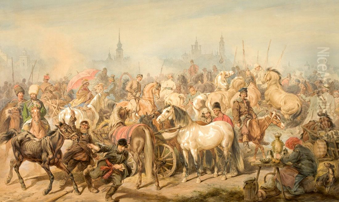 Horse Market in Praga (Warsaw) Oil Painting by Juliusz Kossak