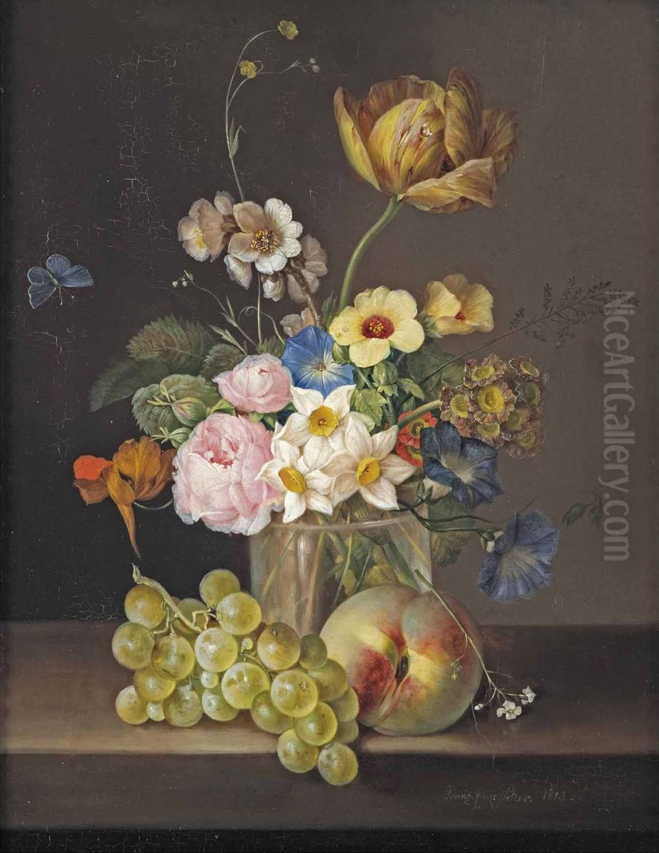 A tulip, roses, daffodils, morning glory and other flowers in a glass vase, with white grapes, a peach and a butterfly Oil Painting by Franz Xaver Petter