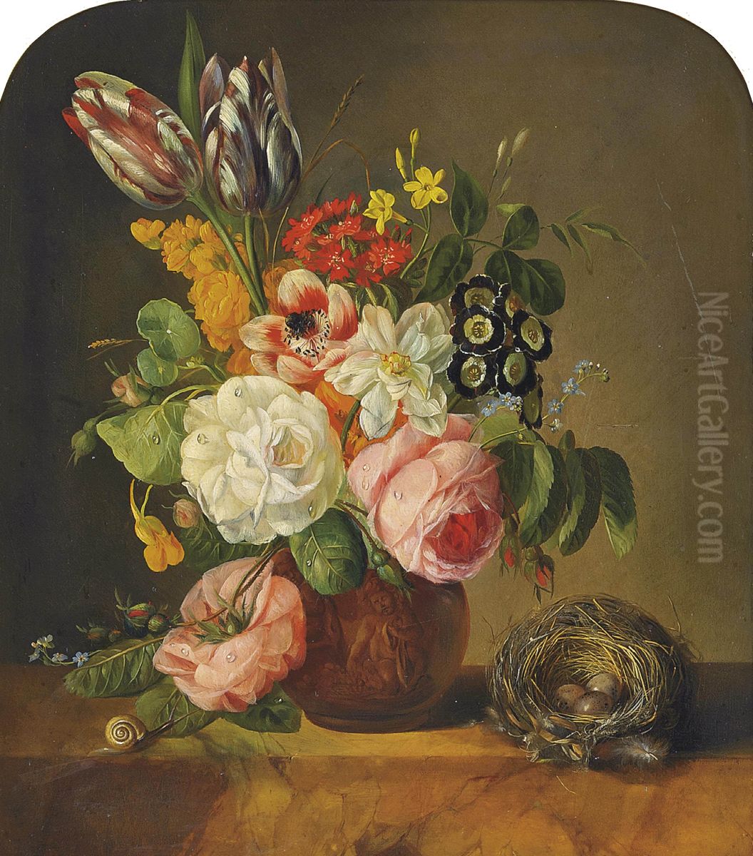 Roses, tulips, forget-me-nots, nasturtiums, jasmine, anemones and other summer blooms in a classical urn by a snail and a bird's nest on a marble ledge Oil Painting by Franz Xaver Petter