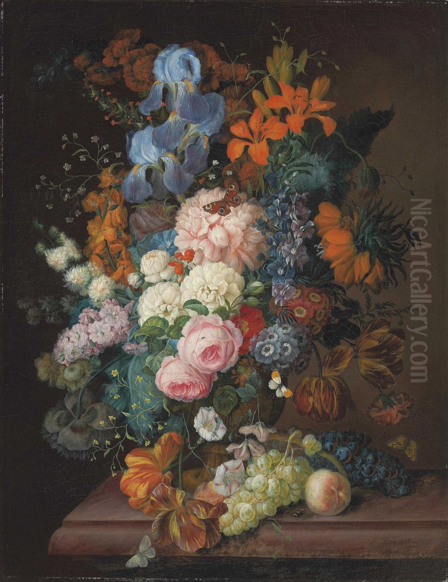 Rosen, Pfingstrosen, Schwertlilien, Veilchen und andere Blumen in einer Terrakotta-Vase sowie Weintrauben und ein Pfirsich auf einem Tisch Oil Painting by Franz Xaver Petter