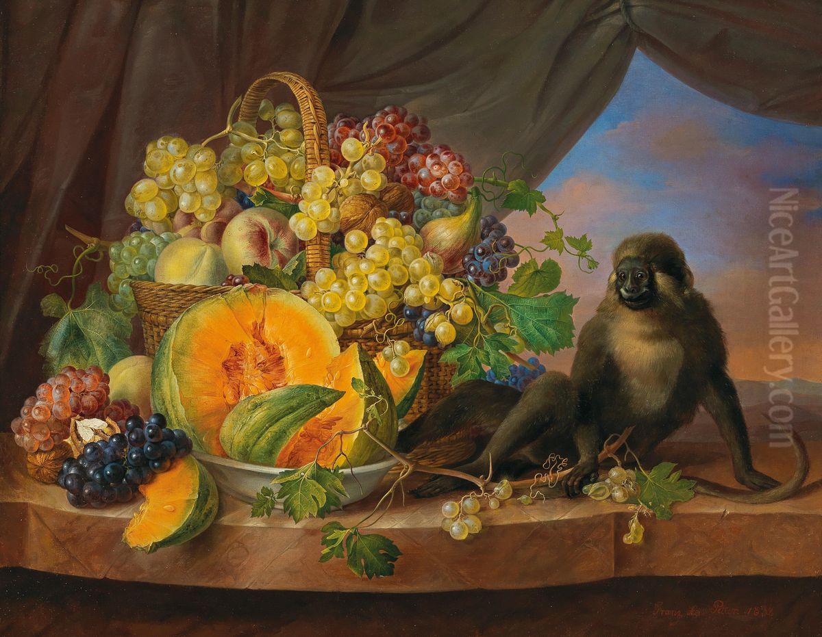 Still life with basket of fruit filled with grapes, peaches, figs and a small monkey Oil Painting by Franz Xaver Petter