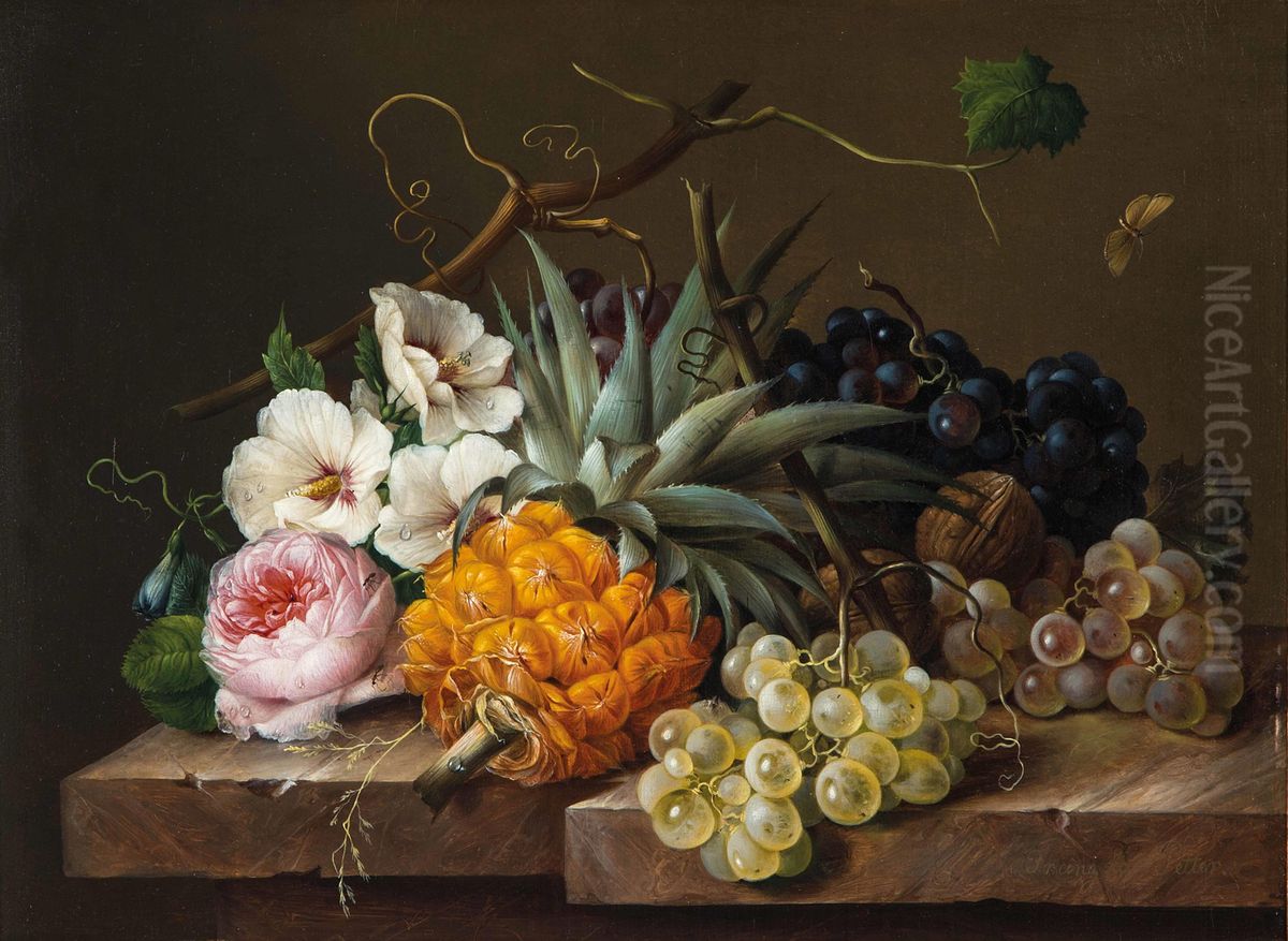 Blumen- und Fruchtestillleben mit Ananas, Weintrauben, Nussen und Insekten Oil Painting by Franz Xaver Petter