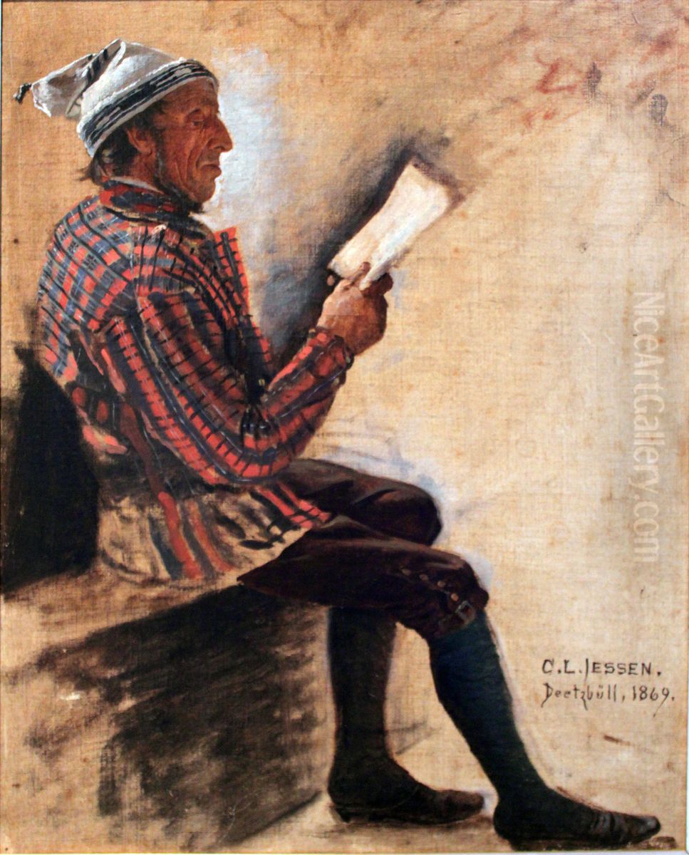 Reading farmer with a pointed cap Oil Painting by Carl Ludwig Jessen
