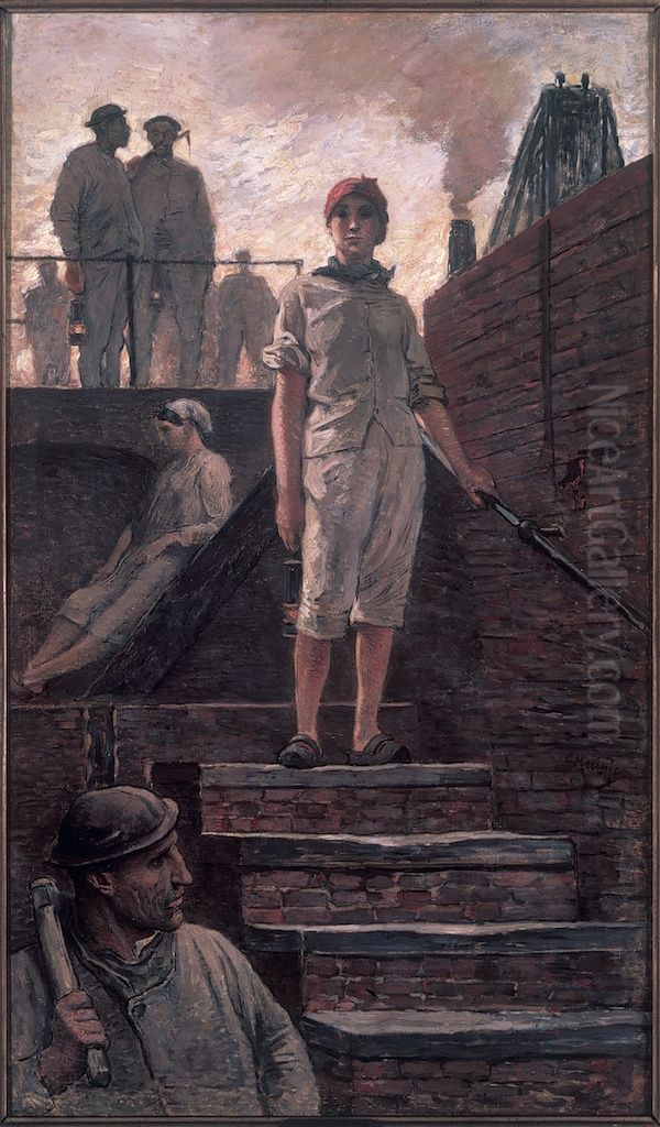 Female miner descending into the pit Oil Painting by Constantin Meunier