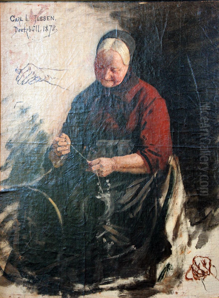 Old Woman at a Spinning Wheel Oil Painting by Carl Ludwig Jessen