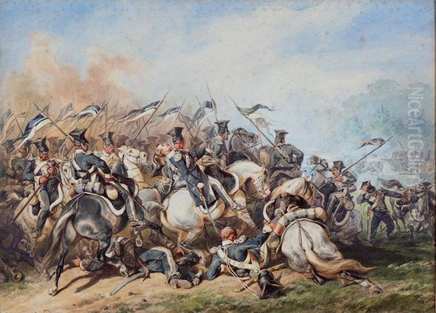 The Battle of Ostroleka (August Krasinski injured near Ostroleka) Oil Painting by Juliusz Kossak