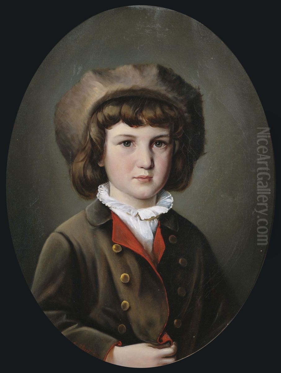 Bildnis eines Jungen in gruner Jacke mit Pelzmutze. Oil Painting by Anton Ebert