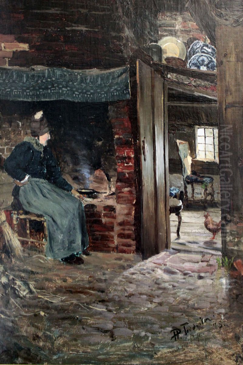 The old Sosk by the kitchen stove, Klockries Oil Painting by Hans Peter Feddersen