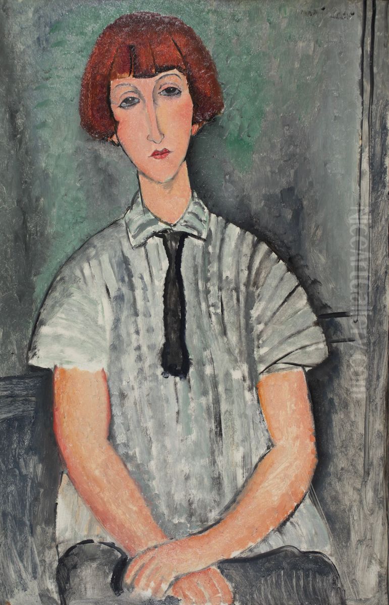 Young Girl with a Striped Blouse Oil Painting by Amedeo Modigliani