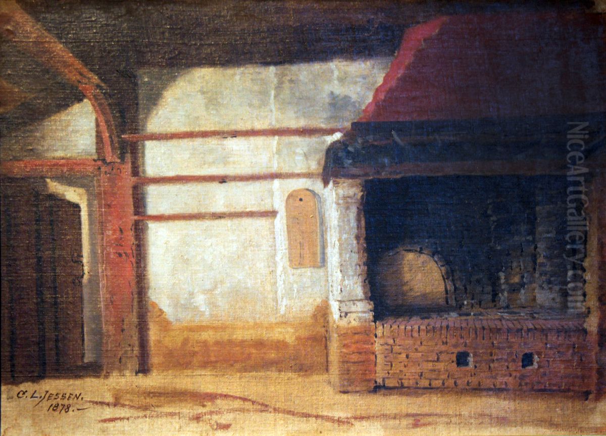 Brick Fireplace Oil Painting by Carl Ludwig Jessen