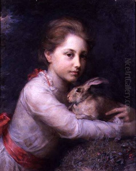 Portrait de Minna Sophia Farrer tenant un lapin Oil Painting by Anna Lea Merritt