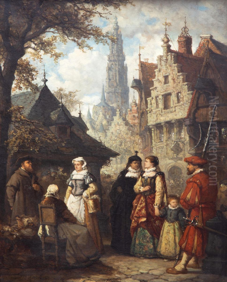 Noble women going to the market in Antwerp Oil Painting by Hendrik Frans Schaefels