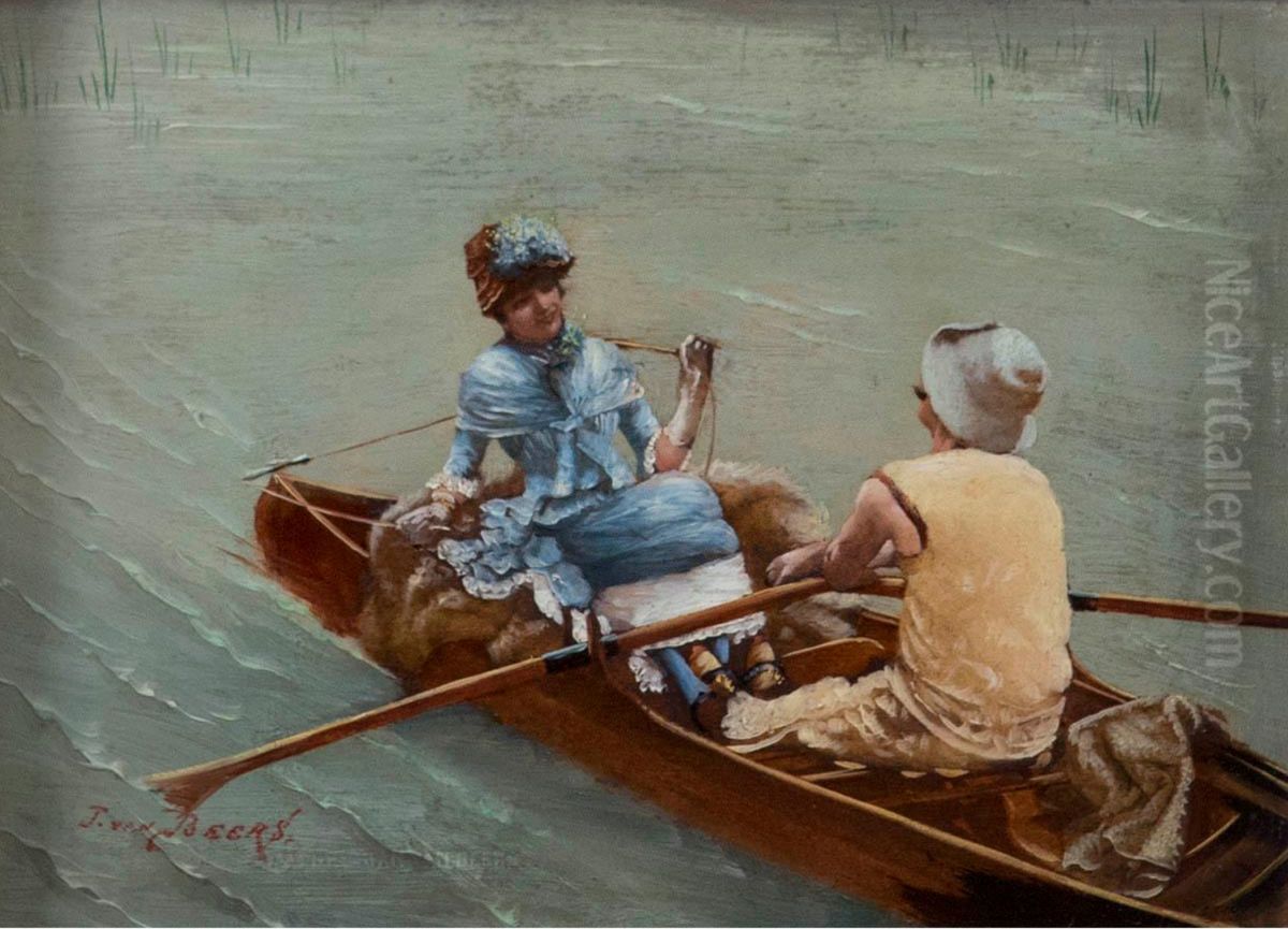 Romantic couple in a boat Oil Painting by Jan van Beers