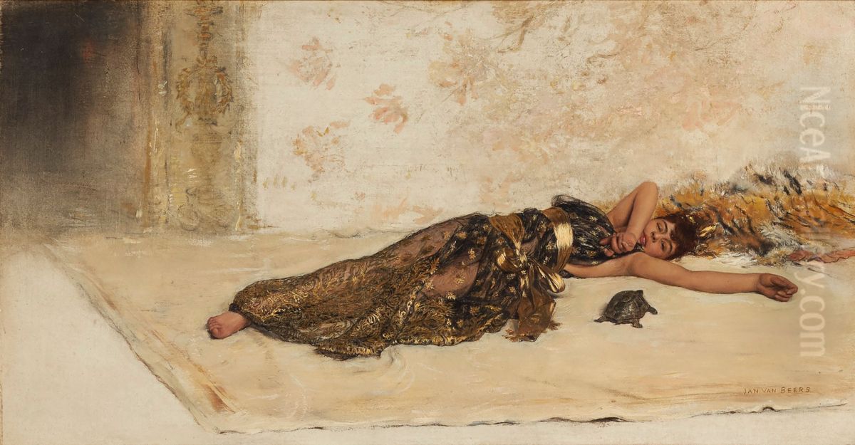 Lounging Odalisque with Turtle Oil Painting by Jan van Beers