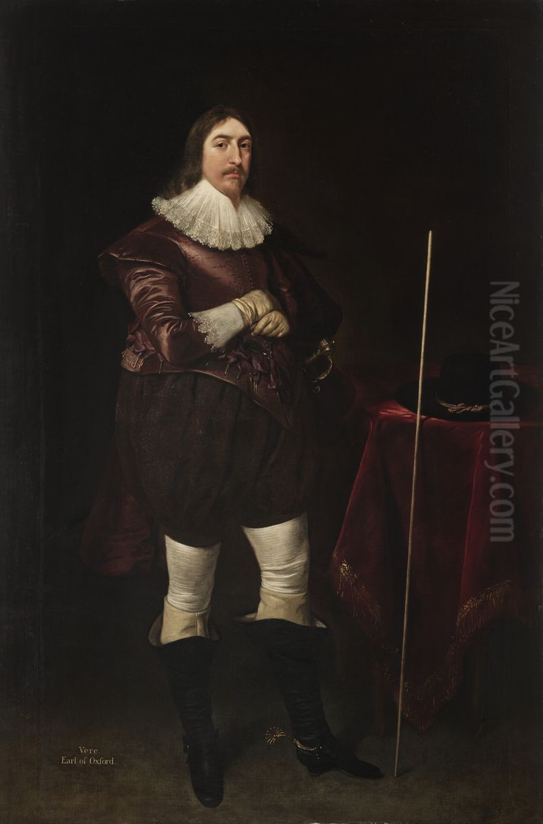 Portrait of Henry de Vere, 18th Earl of Oxford KB (1593-1625), full-length, in a purple suit, with his wand of office leaning against a table Oil Painting by Daniel Mijtens