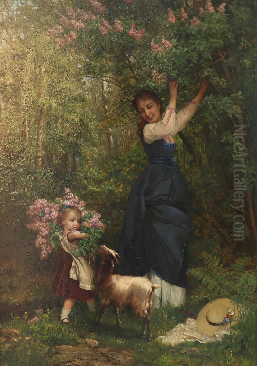 Gathering Lilacs Oil Painting by Ernest van den Kerckhove