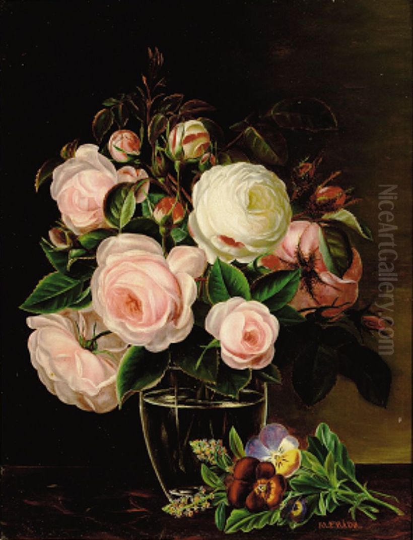 Hvide og lyserode roser i en glasvase. Oil Painting by Alfrida Baadsgaard