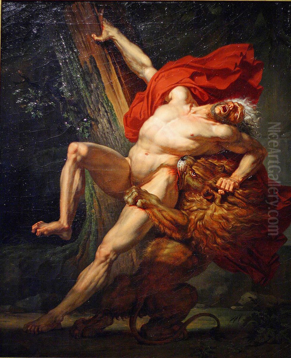 Milo of Croton, Attempting to Test His Strength, Is Caught and Devoured by a Lion Oil Painting by Charles Meynier