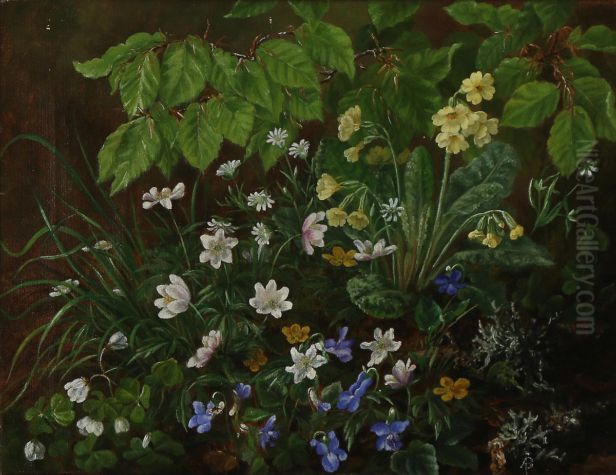 Blomster i en skovbund. Oil Painting by Alfrida Baadsgaard