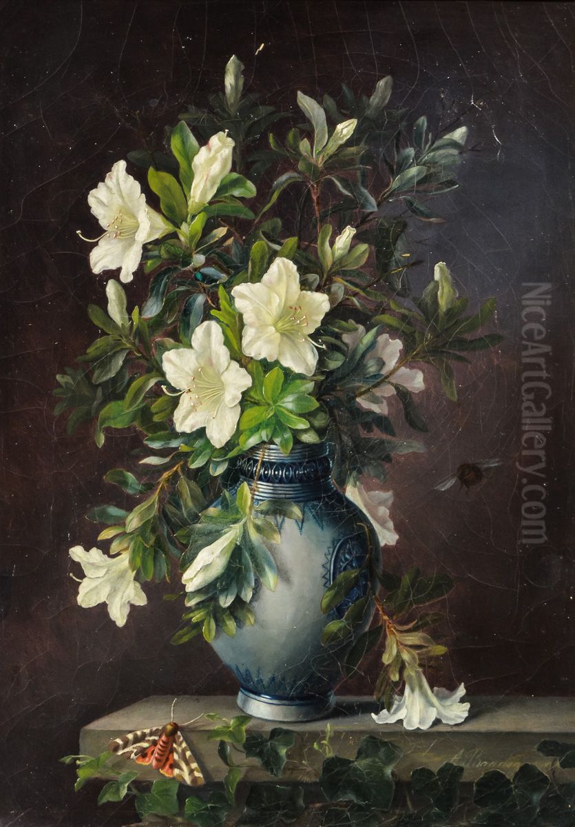Opstilling med azalieblomster, natsvaermer og humlebi. Oil Painting by Alfrida Baadsgaard
