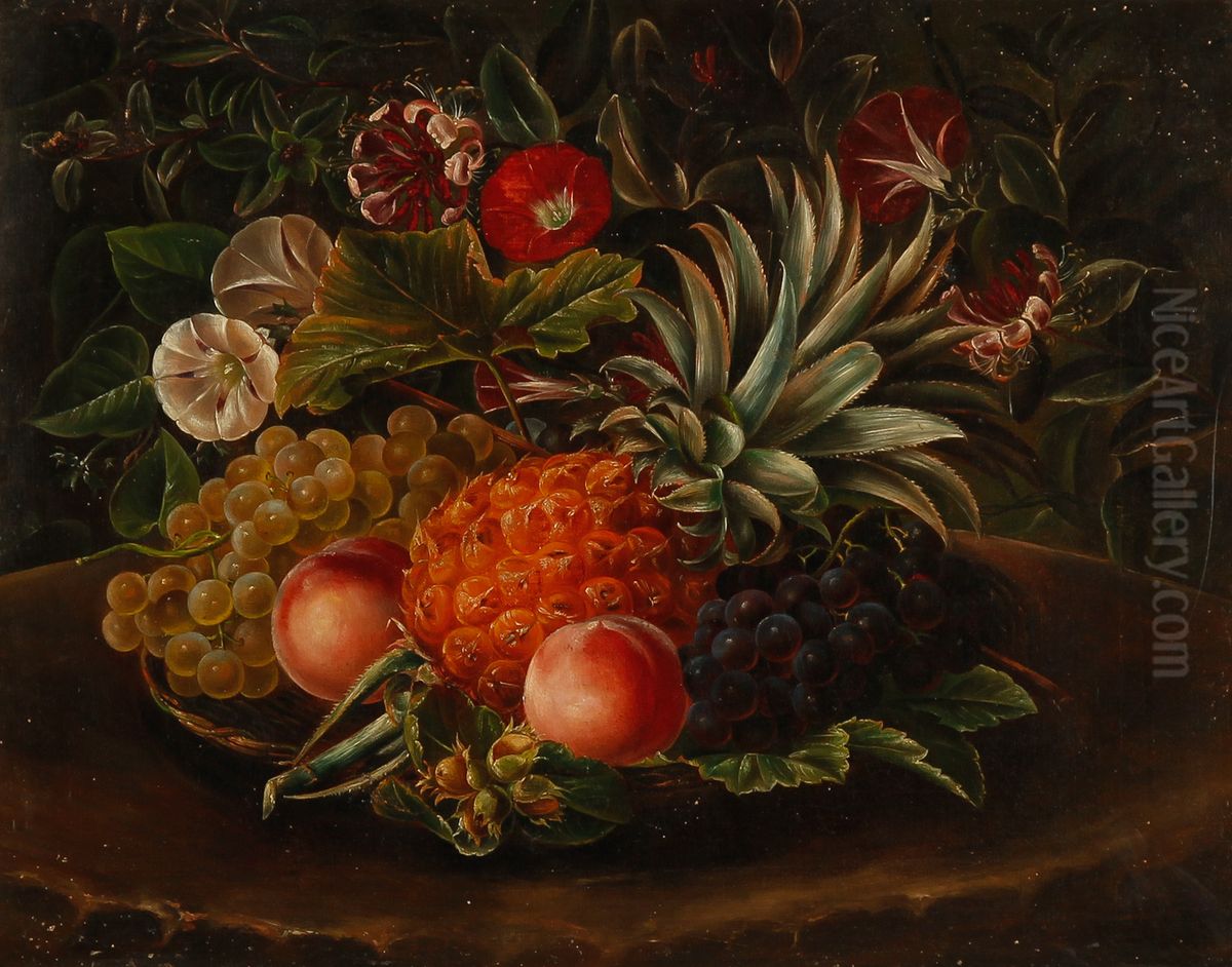 Opstilling med frugter og blomster pa et fad. Oil Painting by Alfrida Baadsgaard