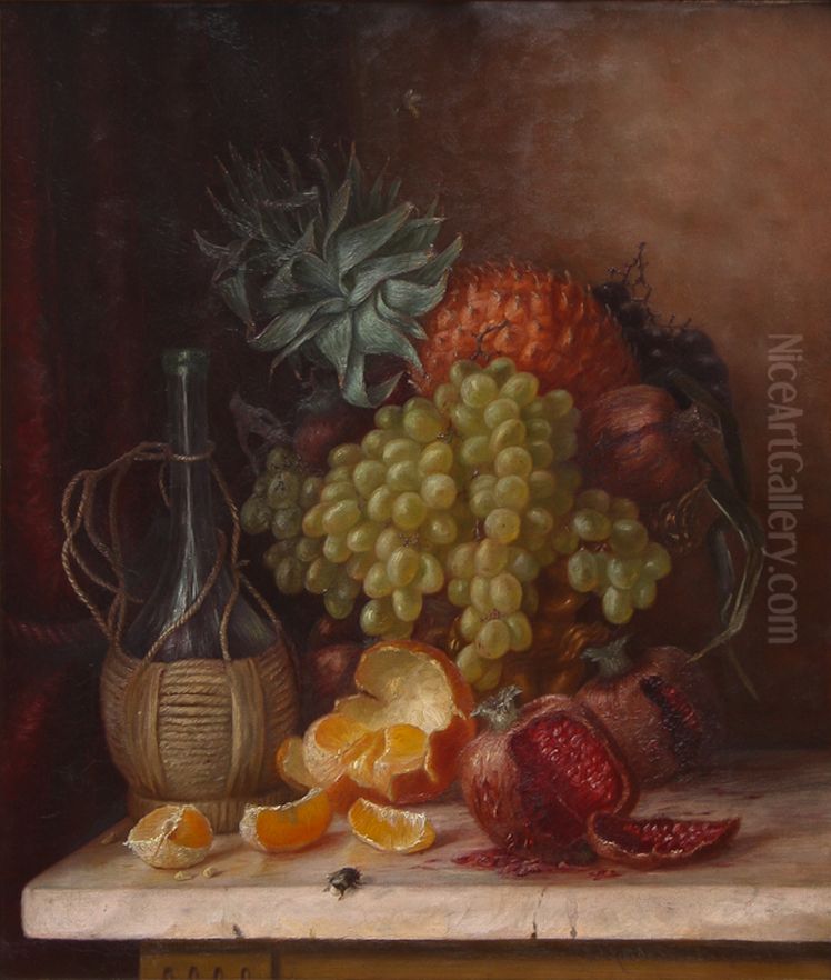 Still life with fruits, a bottle and insects. Oil Painting by Alfrida Baadsgaard