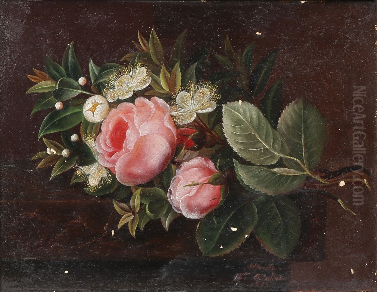 Opstilling med roser (1863). Oil Painting by Alfrida Baadsgaard