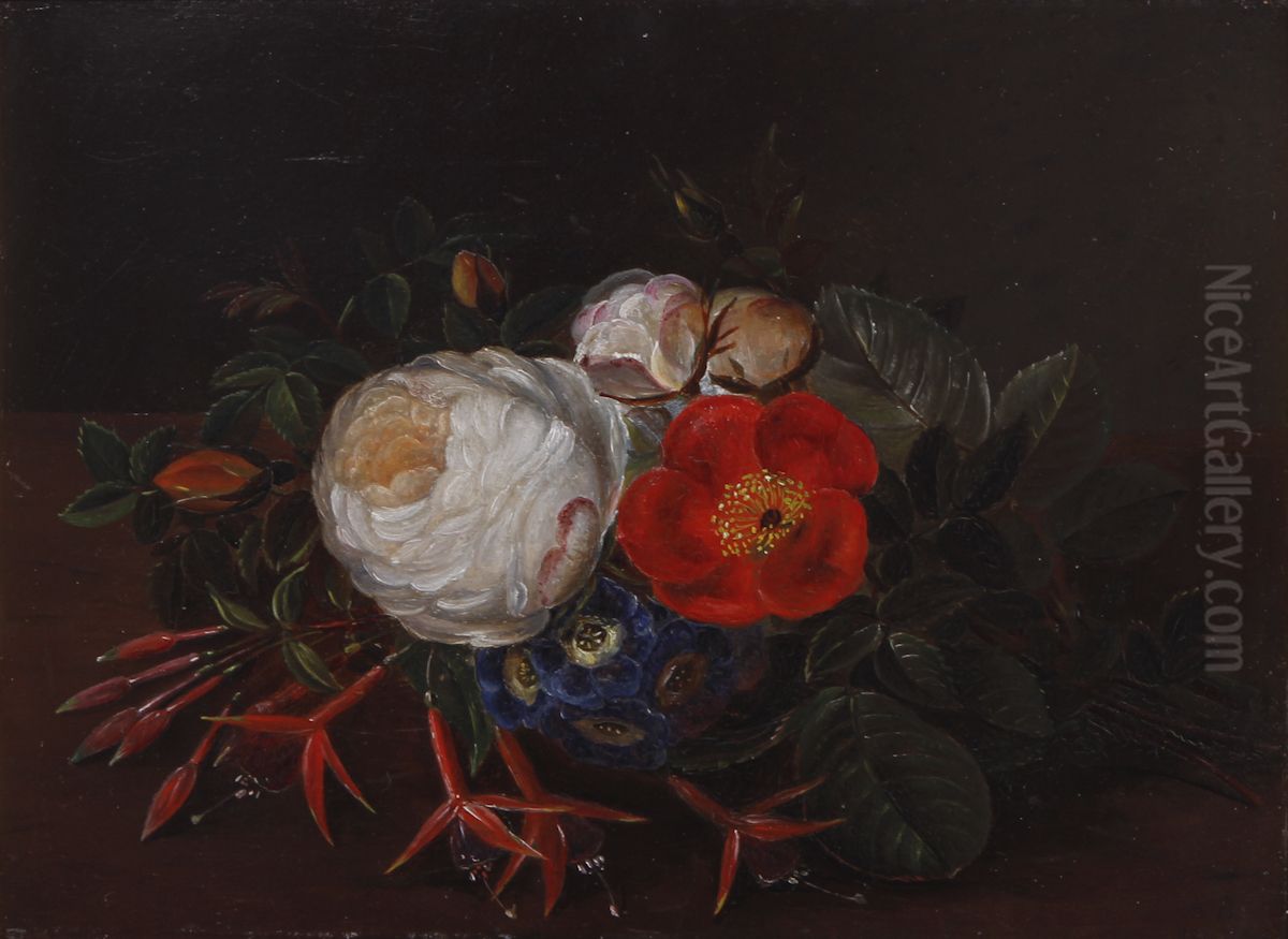 Opstilling med roser, aurikler og fuchsier pa en karm. Oil Painting by Alfrida Baadsgaard