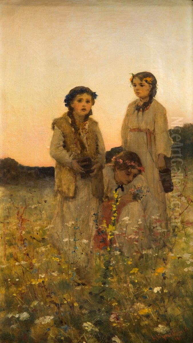 Girls picking flowers on the meadow Oil Painting by Leon Wyczolkowski