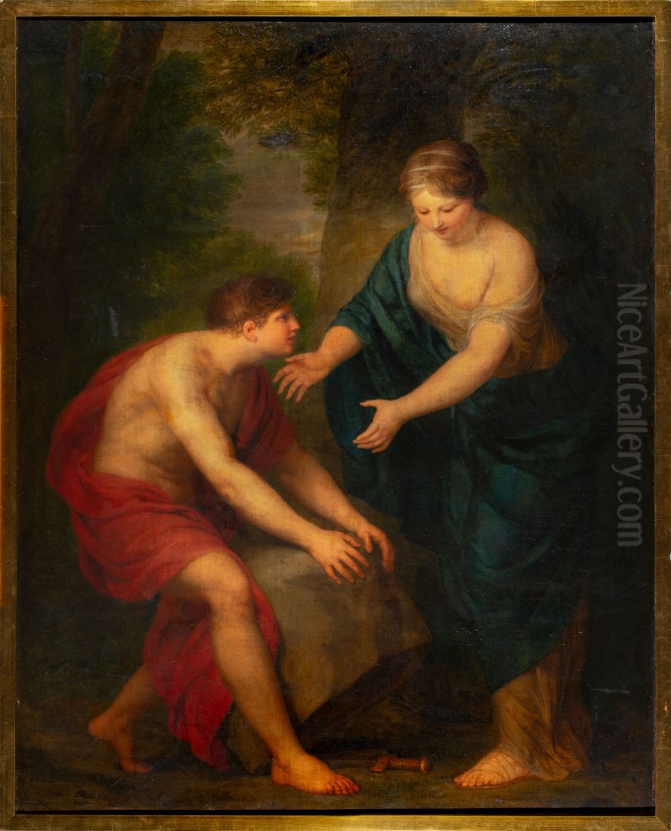 Theseus Lifting Up the Stone Under Which the Weapons of Aegeus Lie Oil Painting by Andries Cornelis Lens