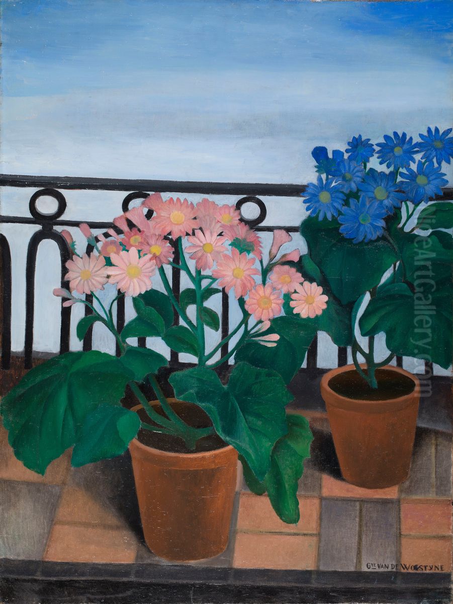 Balcony with Flowers (Cinerarias) Oil Painting by Gustave Van De Woestijne