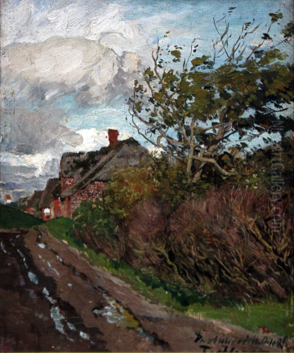 Deezbull dyke with church tower Oil Painting by Hans Peter Feddersen