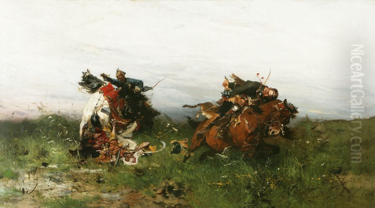 Caught in a lasso Oil Painting by Jozef Brandt