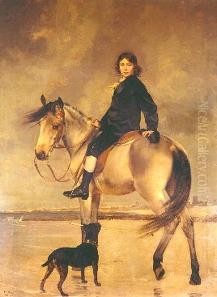Portrait of Gaetan de Somzee on horseback Oil Painting by Emile Charles Wauters