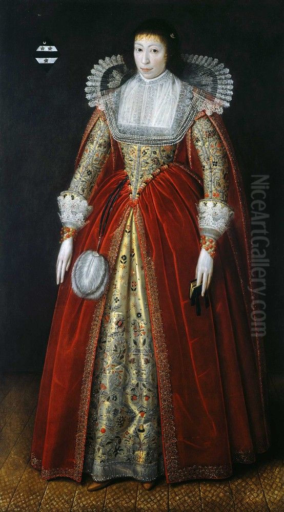Portrait of a lady, said to be Lady Style, full-length, in a red dress with elaborately embroidered under-skirt and lace collar and cuffs, holding a prayer book in her left hand, in an interior Oil Painting by Robert Peake