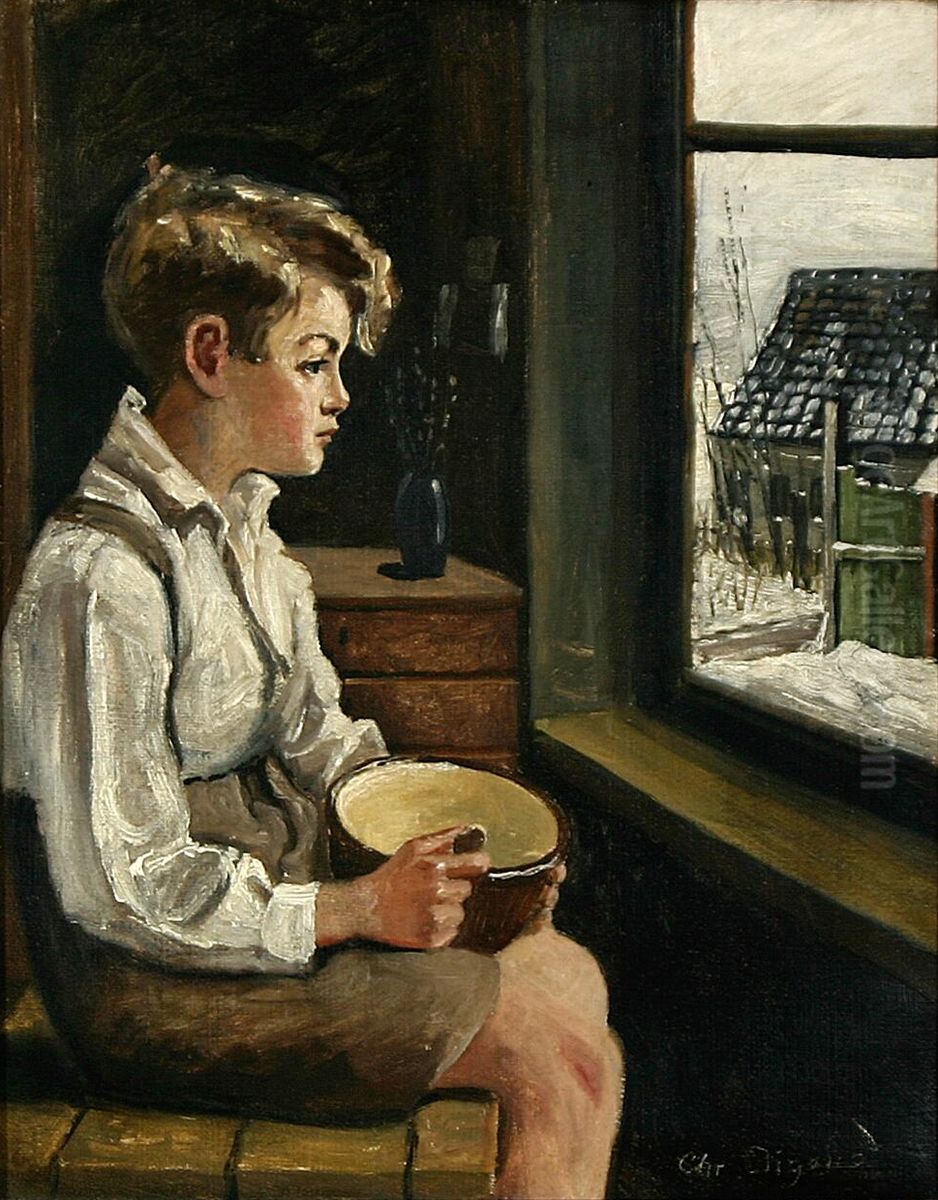 An interior with a boy at the window. Oil Painting by Christian Aigens