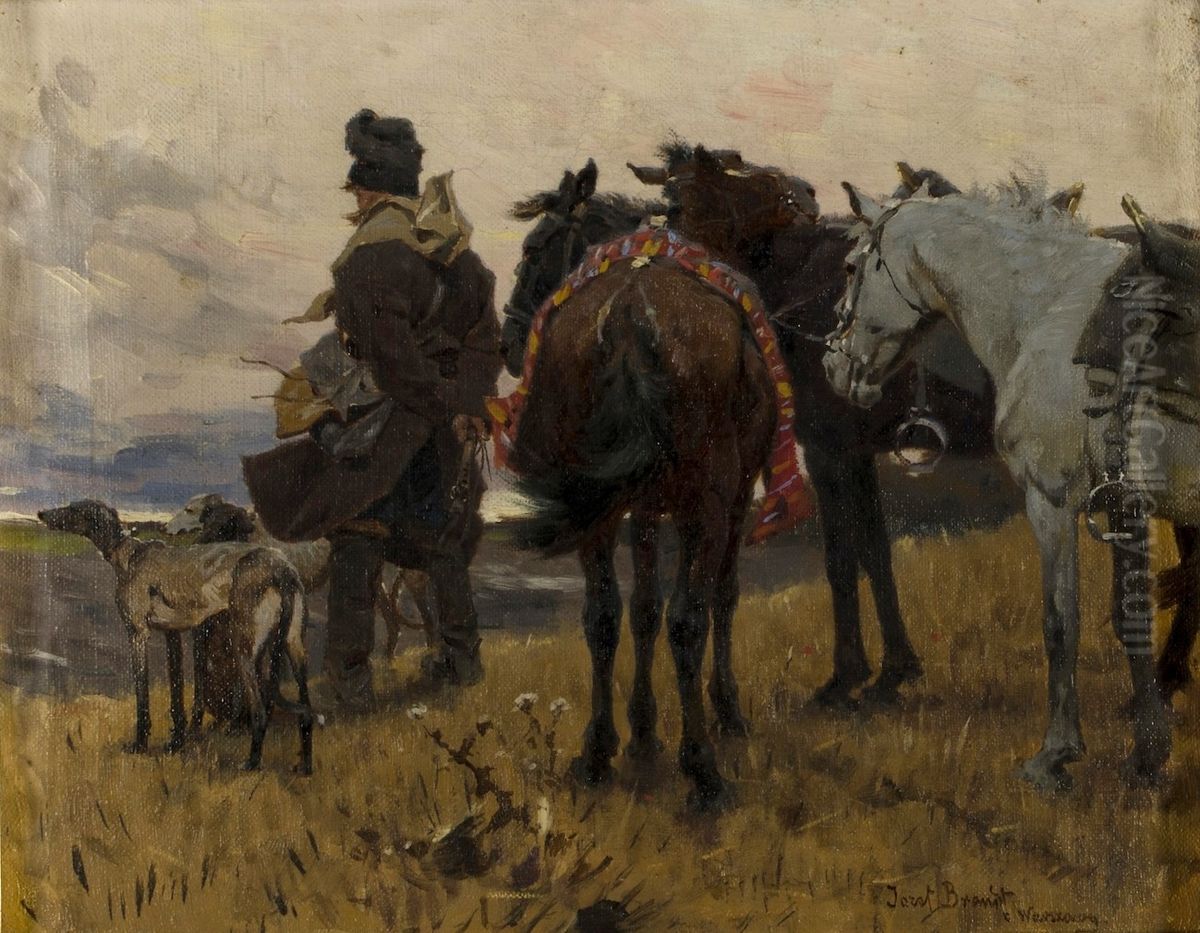 Odpoczynek w stepie (Stojka) Oil Painting by Jozef Brandt