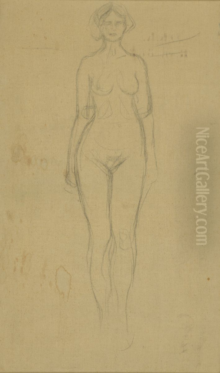 Standing Female Nude Oil Painting by Edvard Munch