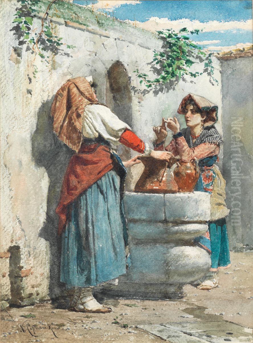 Girls by a well Oil Painting by Nazzareno Cipriani