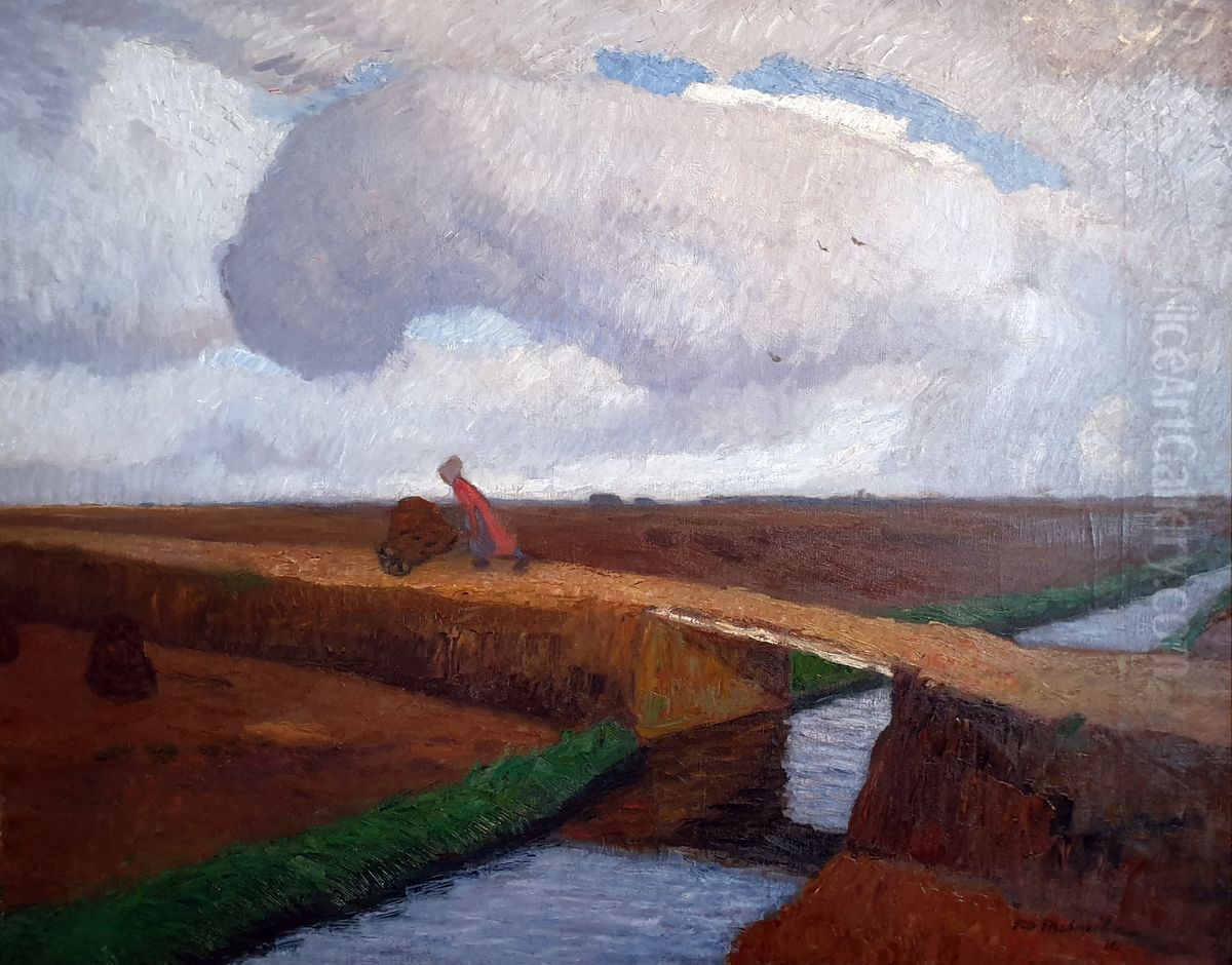 Autumn landscape at the North Sea coast with canal Oil Painting by Otto Modersohn