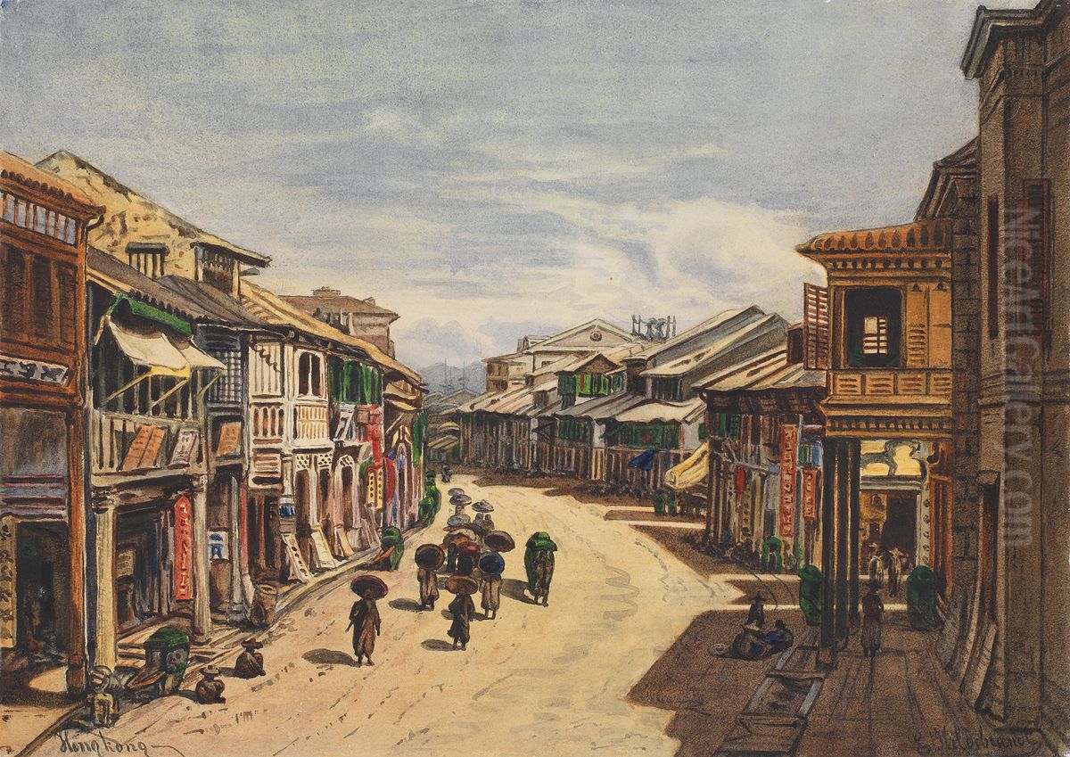 Eine Strassenszene in Hongkong Oil Painting by Eduard Hildebrandt