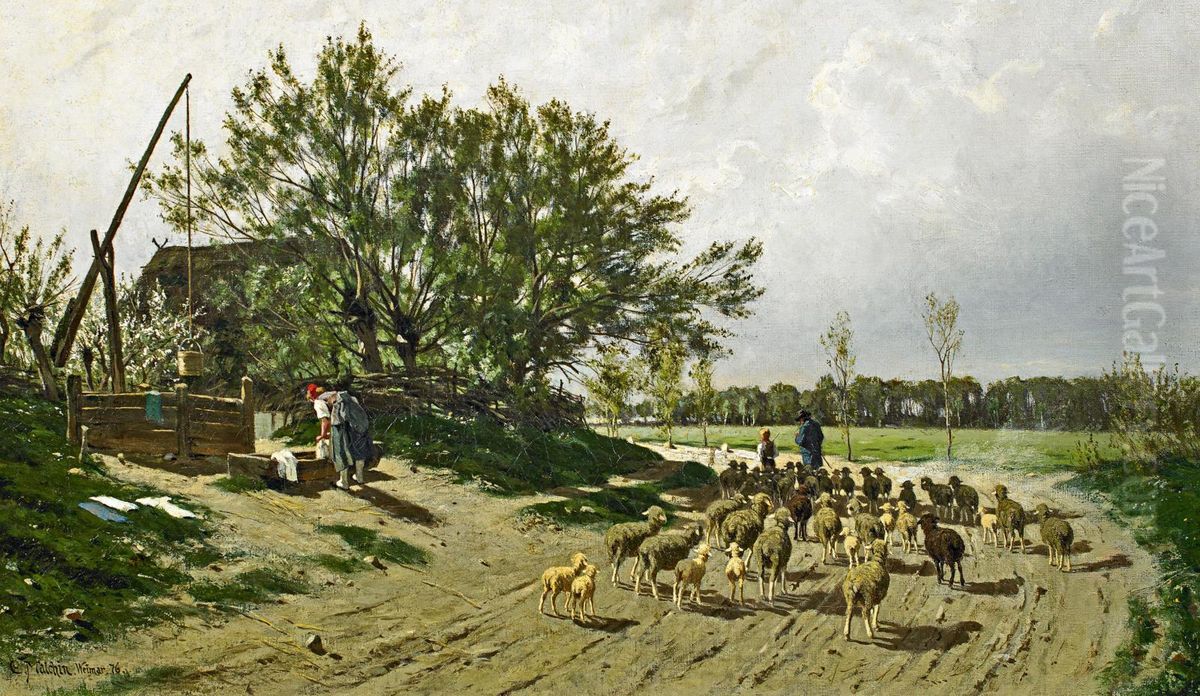 Landscape in Mecklenburg with a shepherd and his flock Oil Painting by Carl Malchin